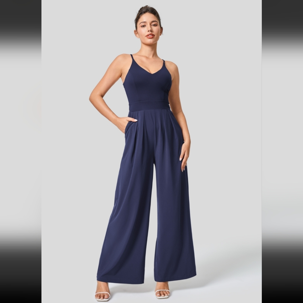 Halara Breezeful Backless Pocket Wide Leg Jumpsuit, size 8 in patriot blue